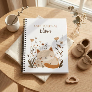 Espiral Caderno Personalizado de Bebê com Floral e Gatinho