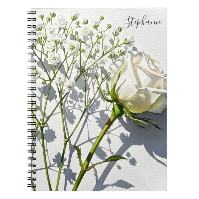 Espiral Caderno Personalizado de Flor de Rosa Branca (Frente)