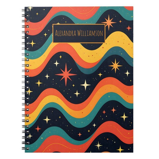 Espiral Caderno Personalizado de Ondas Cósmicas Retro (Frente)