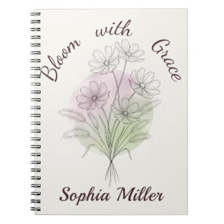 Espiral Caderno Personalizado Floral Cosmos Botânico Nome