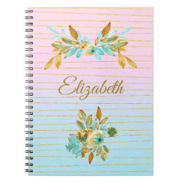 Espiral Caderno Personalizado Floral Turquesa e Dourado
