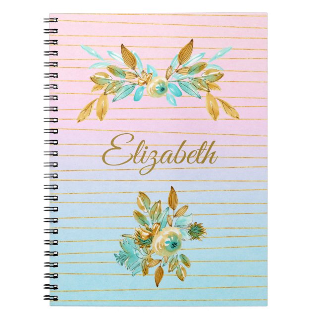 Espiral Caderno Personalizado Floral Turquesa e Dourado (Frente)