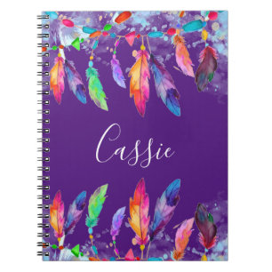 Espiral caderno personalizado penas boho