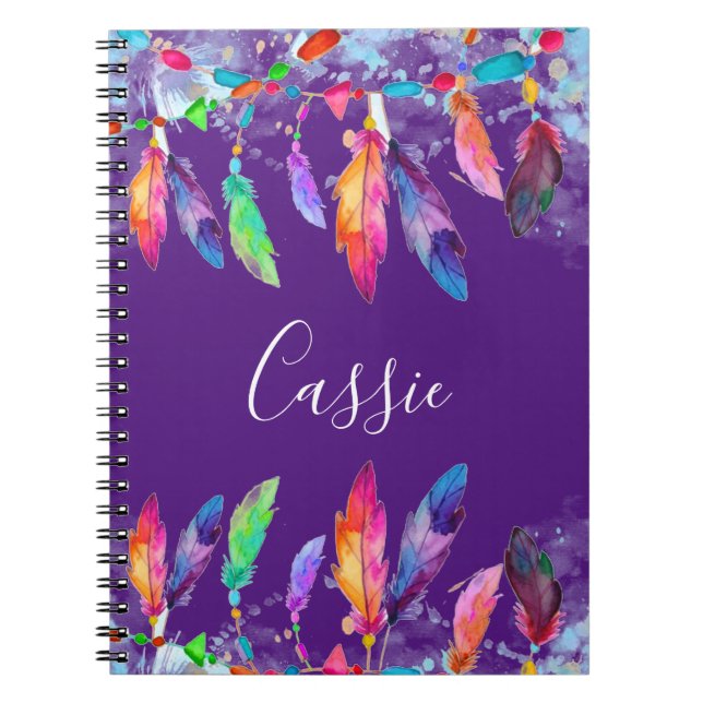 Espiral caderno personalizado penas boho (Frente)