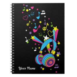 Espiral Caderno Personalizado Preto Notas Musicais Fones d