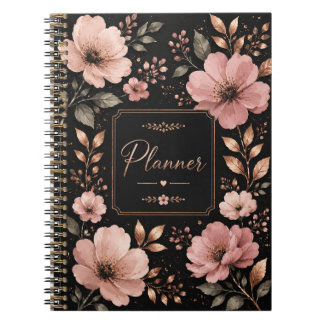 Espiral Caderno Planeador Floral Preto e Dourado Rosa