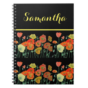 Espiral Caderno Preto Flores Florais Papoula Laranja
