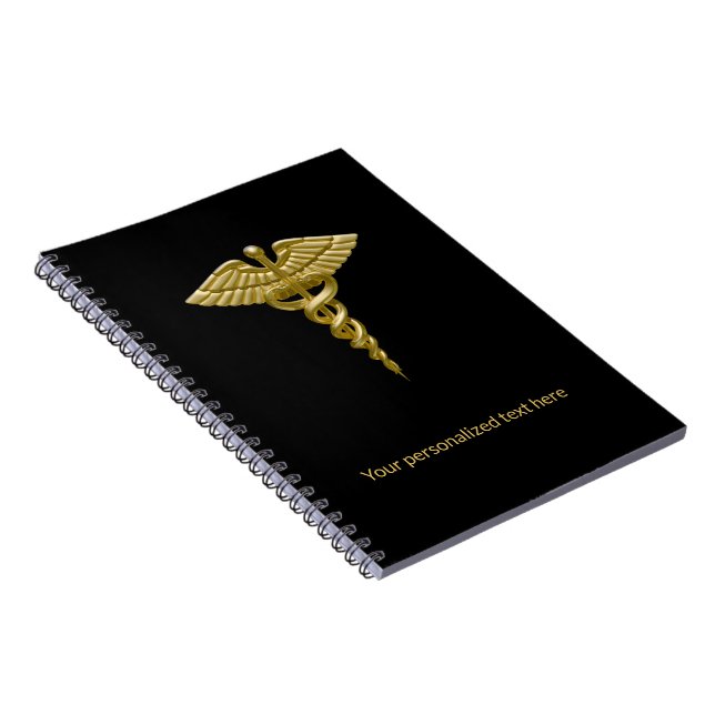 Espiral Caduceu de Ouro Médico Elegante em Preto - Caderno (Lado Direito)