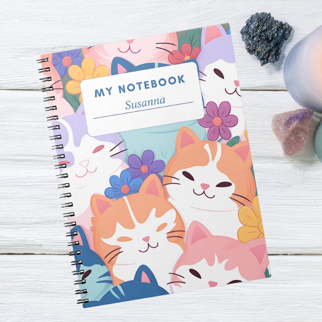 Espiral Capa de Caderno de Gatos Felizes e Flores (Criador carregado)