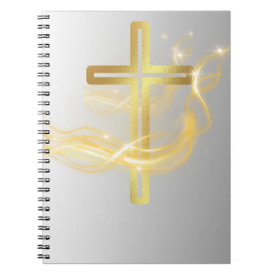 Espiral Cruz Dourada Radiante Elegante em caderno de prata