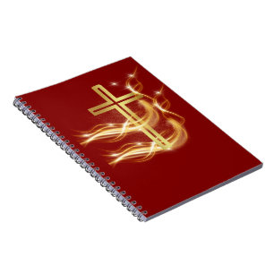 Espiral Cruz Dourada Radiante Elegante em Caderno Vermelho