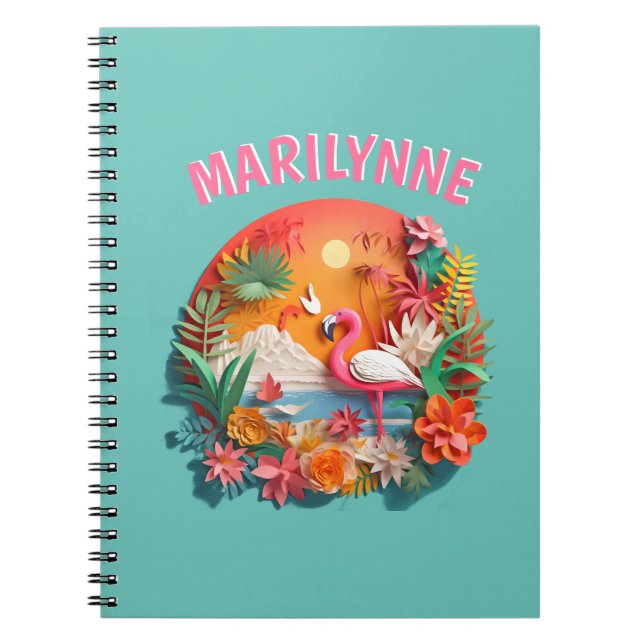 Espiral Flamingo Fofo Caderno Escolar Infantil 3D Tropical (Frente)