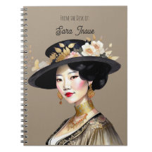 Linda Mulher Asiática em Caderno de Chapéu Vintage