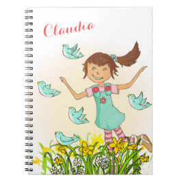 Espiral Menina do primavera que persegue o caderno dos
