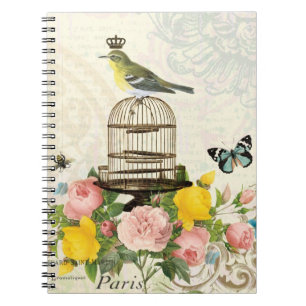Espiral Pássaro do vintage e caderno franceses do birdcag