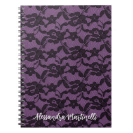 Espiral Renda Floral Preta em Caderno Roxo