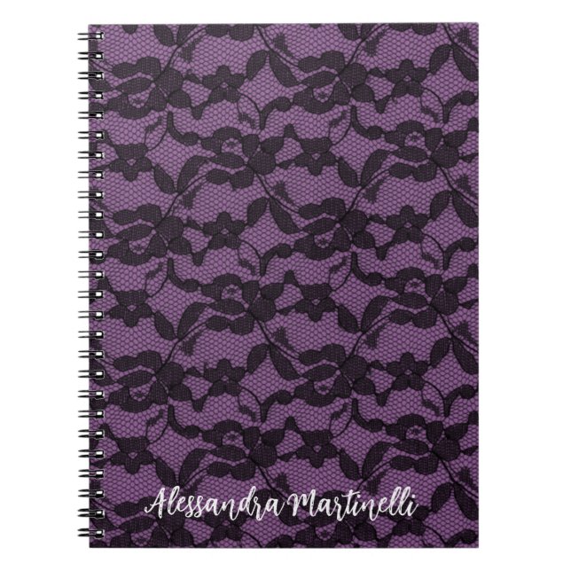 Espiral Renda Floral Preta em Caderno Roxo (Frente)