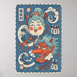 Espírito da Onda Impressão Japonesa Kitsune e