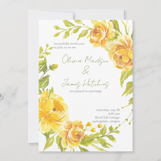 Esplêndido Convite de Casamento Floral Amarelo (Frente)