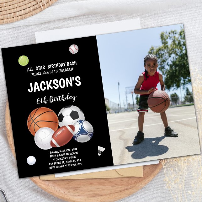 Esportes Balls Esporte Convites de Aniversário com (Sports Balls Sports Birthday Invitations w photo)