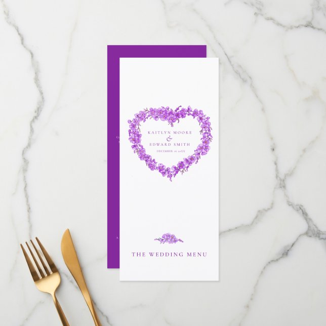 Esquece-me de carinho, menus de casamento roxo e b (Frente/Verso In Situ)