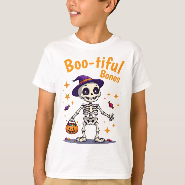 Esqueleto bonito de halloween com camisetas doces (Frente)