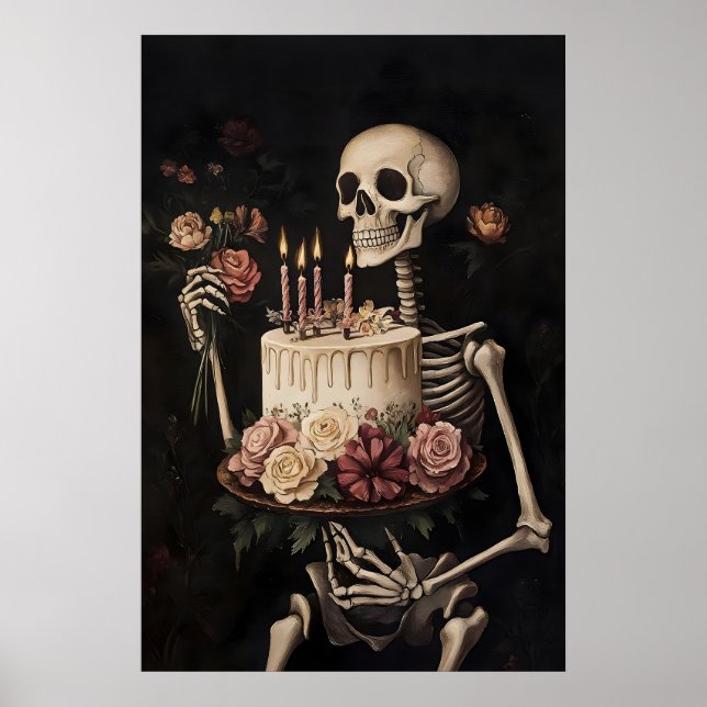 Esqueleto com impressão de bolo e flores, Feliz (Frente)