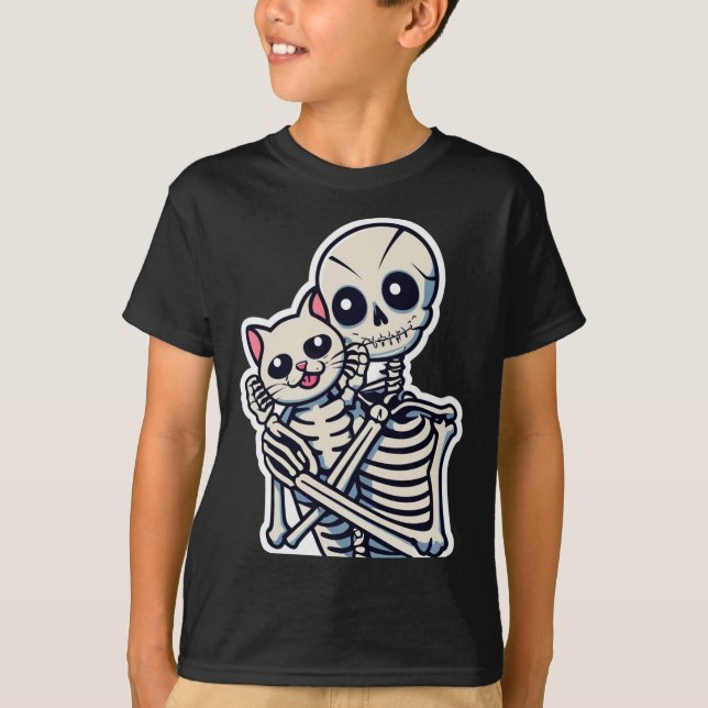 Esqueleto De Anime Segurando Uma Camisa De Gato No (Frente)