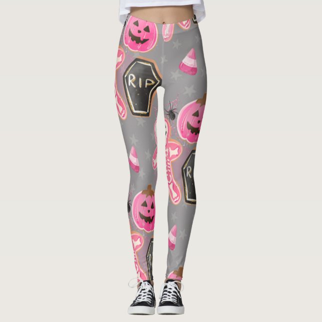 esqueleto rosa giro Halloween com leggings (Frente)