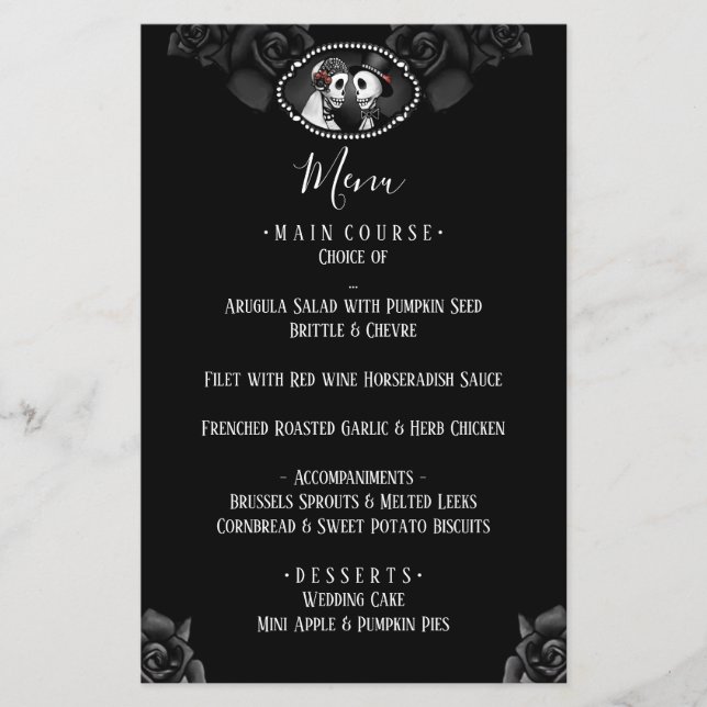 Esqueletos de Casamento Preto e Branco Menu Rosa N (Frente)