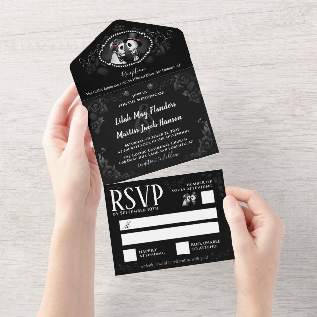 Esqueletos do Casamento Gótico Elegante Preto e Br (Aba destacável)