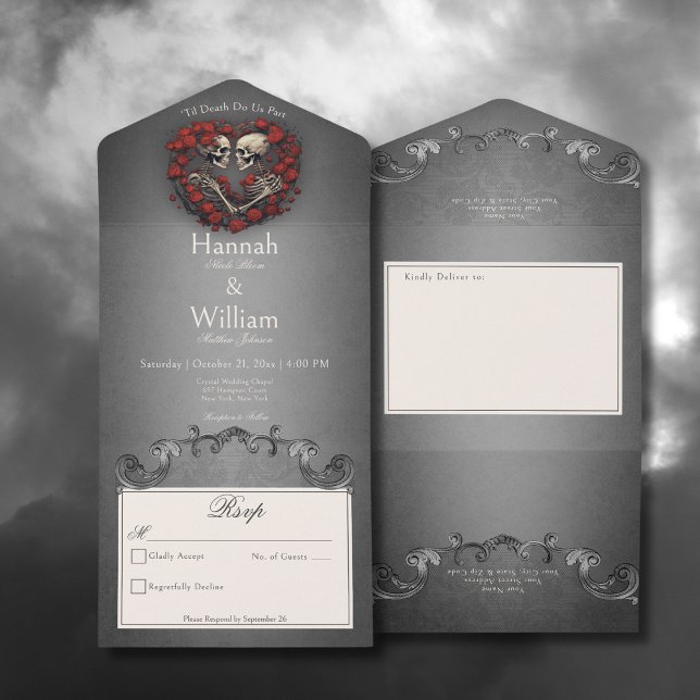 Esqueletos Góticos Escuros e Coração Rosa Sem Jant (Gothic Dark Skeletons & Rose Heart All In One Wedding Invitation without Dinner Options)
