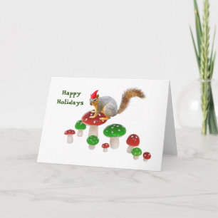 Esquilo com Cartão de Feriado de Cogumelos Vermelh