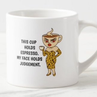 Esta caneca contém espresso. Meu rosto contém julg