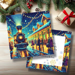 Estação de trem Vintage na véspera de Natal Person<br><div class="desc">Uma estação de trem antiquada no Natal,  mesmo com pessoas vindo e indo tentar chegar em casa. Vintage retro vibes. À medida que a neve cai nesta noite mágica,  desejo-lhe tudo de feliz e brilhante. Um doce cartão de férias personalizado para lhe dar uma vibração calorosa e acolhedora.</div>