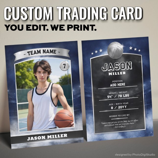 Estádio Blue Silver do Cartão de Basquete Personal (Custom Trading Card, Editable Basketball Trading Card, Modern Blue SIlver Stadium Design)