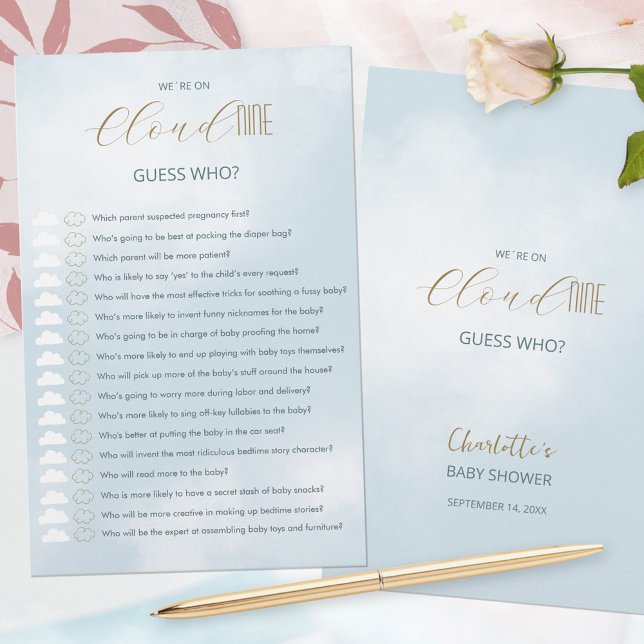 Estamos na Nuvem 9 Jogo de Adivinhação Chá de Bebê (We´re on Cloud 9 Blue Baby Shower Guess Who Game ©Susanne Sachers - Sunny Mind 🌞)