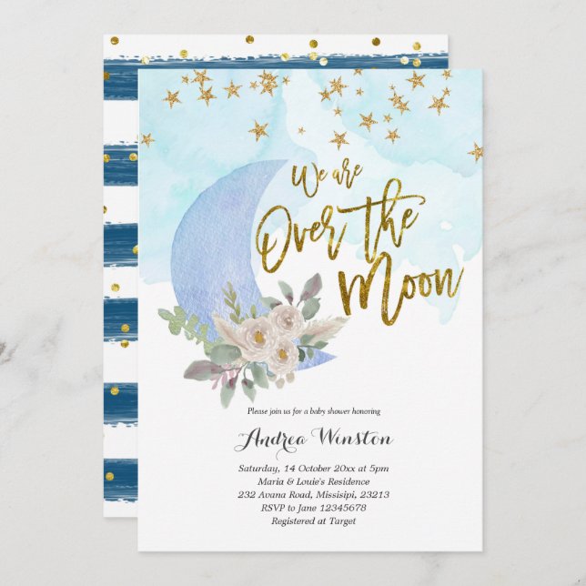 Estamos no Convite à Chá de fraldas Azul Lua (Frente/Verso)