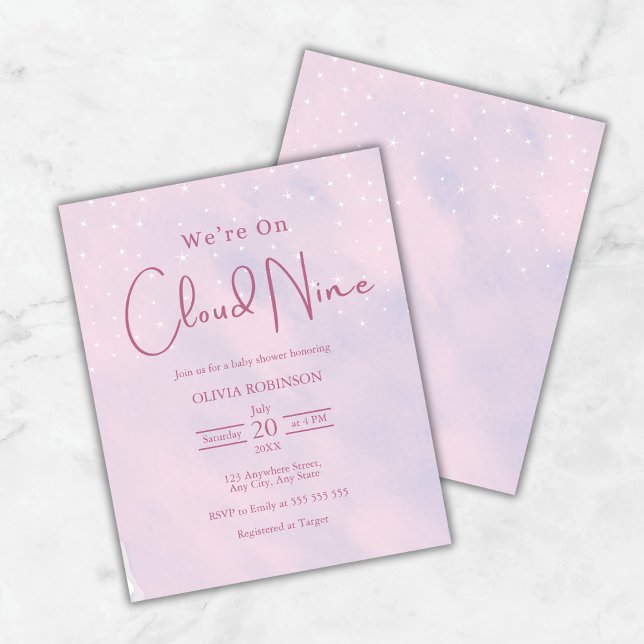 Estamos no Convite para Chá de fraldas Rosa Sonho  (Budget We're On Cloud 9 Dreamy Pink Girl Baby Shower Invitation   )