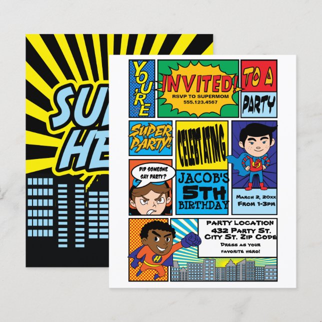 Estilo Comic Orçamentário Herói Convites de Aniver (Frente/Verso)