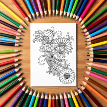 Estilo Doodle Floral Cartão para Colorir