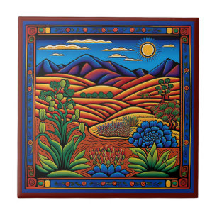 Estilo Huichol mexicano, paisagem, azulejo cerâmic