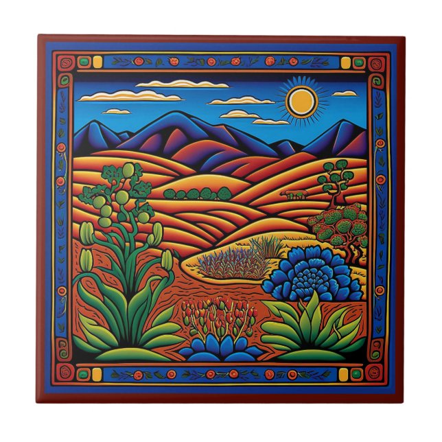 Estilo Huichol mexicano, paisagem, azulejo cerâmic (Frente)