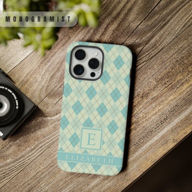 Estilo Verde de Pastel Leve e Flexível Personalizá (Customizable Light Soft Pastel Teal Green Argyle iPhone Case)