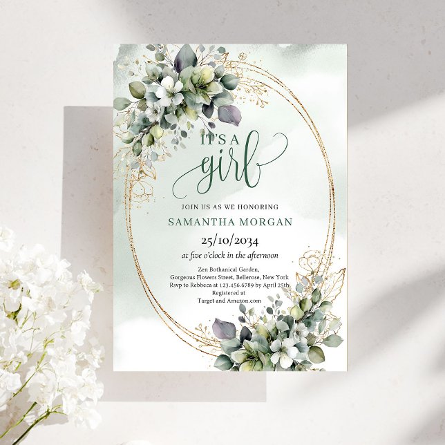 Estilo Verde Empoeirado de Folhagem É um Convite d ( Dusty Green Greenery Style It’s A Girl Invitation)