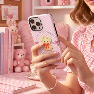 Estojo de iPhone 14 Rosa Listrado Doce Coelho Maci