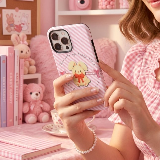 Estojo de iPhone 14 Rosa Listrado Doce Coelho Maci (Criador carregado)