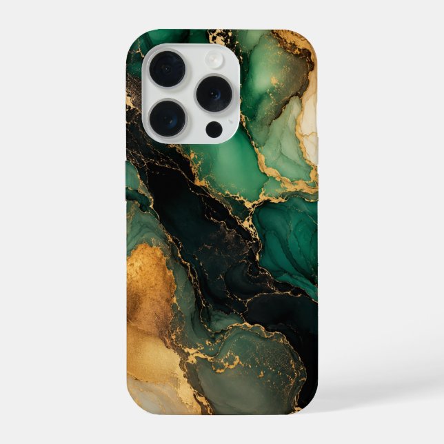 Estojo de iPhone 16 em Mármore Dourado Esmeralda (Verso)