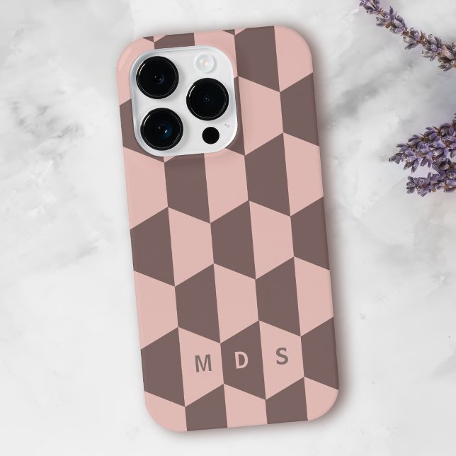 Estojo de iPhone com Monograma Geométrico Moderno  (A modern pink geometric design phone case with space for your initials)