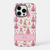 Estojo de Telefone Árvore de Natal Rosa Monograma